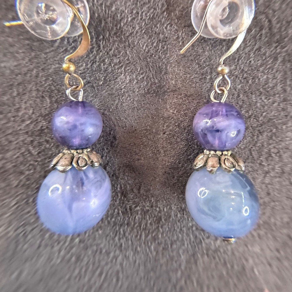 Handcrafted Marbled Purple Blue Bead Drop Earrings Silver Tone Floral Accents